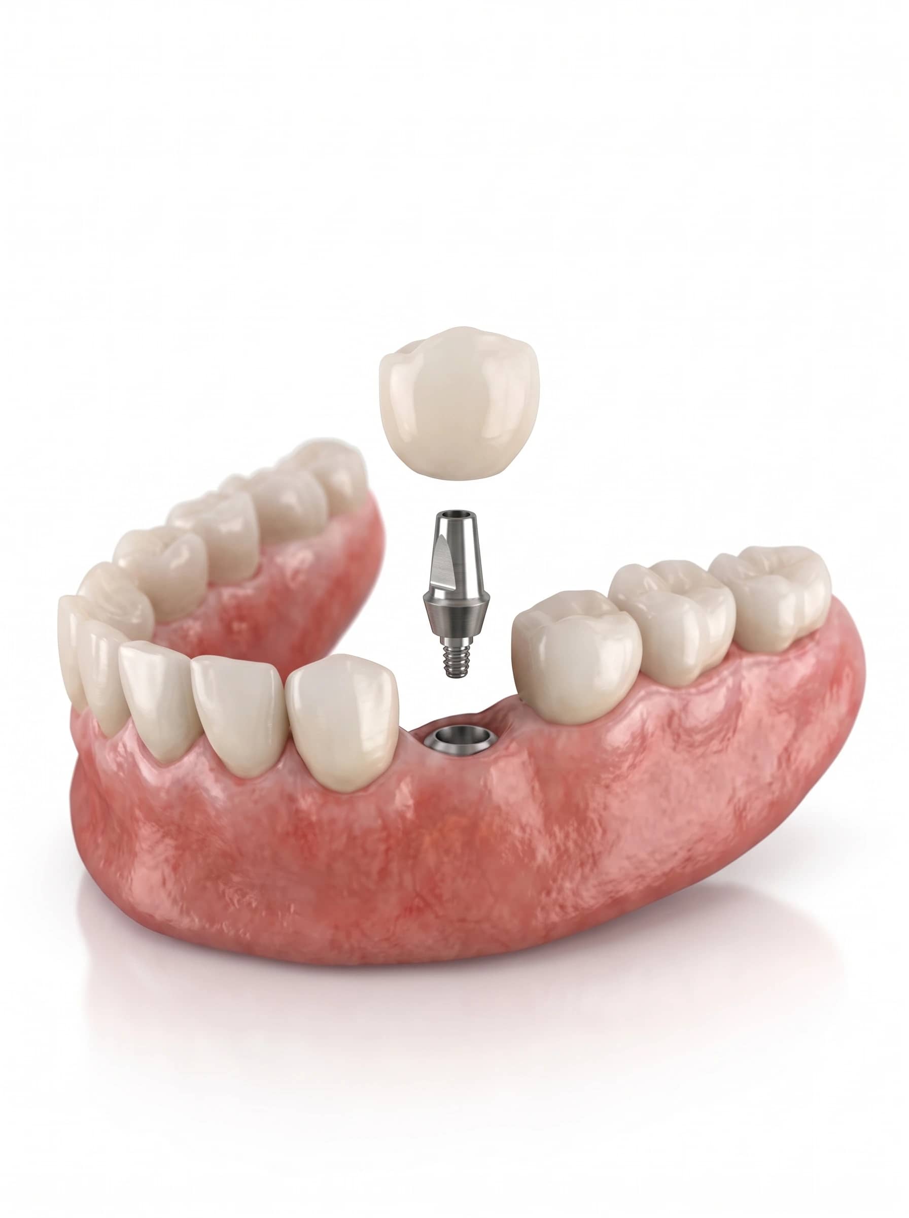Dental implant, abutment, and crown shown on a lower jaw